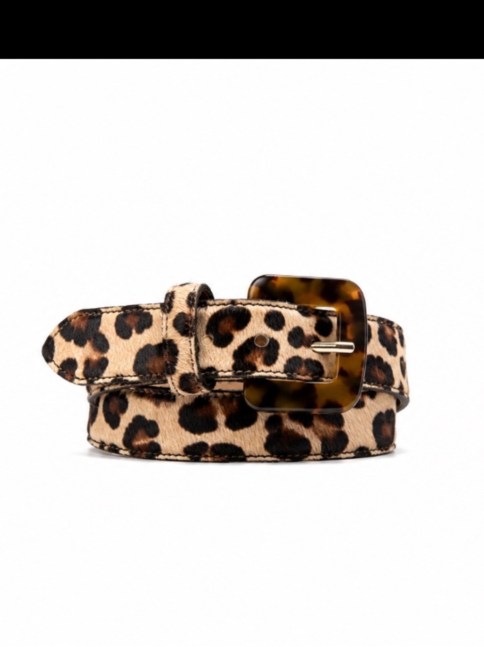 Real leather leopard print calf pony hair Avignon belt tortoise shell buckle